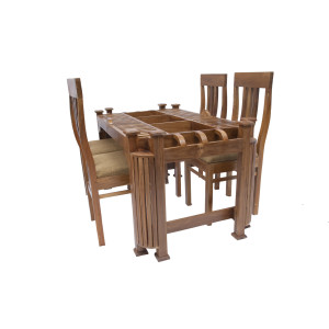 Premium Design Glass Top Teak Wood Dining Table (5Ftx3Ft) with 4 Chairs VDT0122