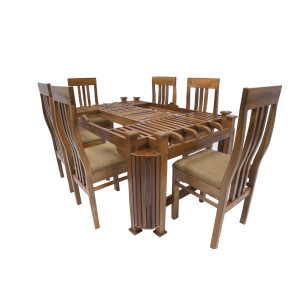 Premium Design Glass Top  Teak Wood Dining Table (6ftx4Ft) with 6 Chairs VDT0125